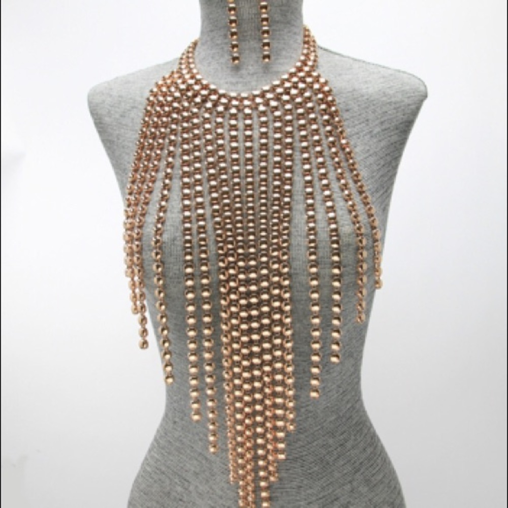 Metal bib statement necklace and earrings