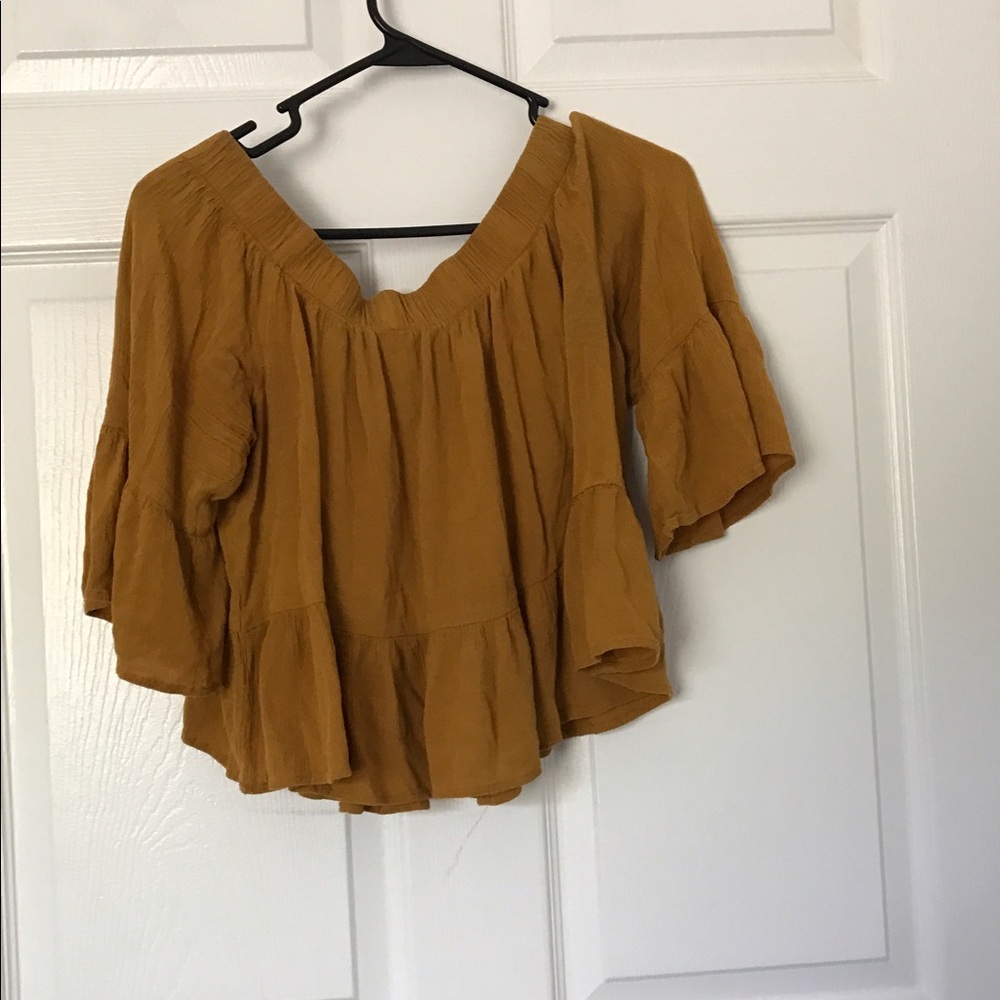 off the shoulder, mustard yellow