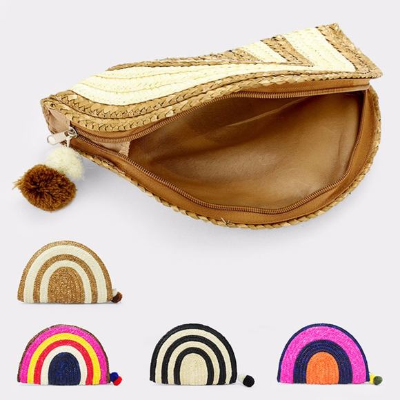 NWT Half Moon Round Straw Pom Pom Clutch Bag - Picture 2 of 2