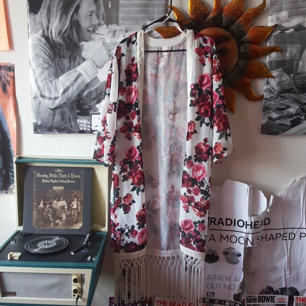 H&M Floral Sheer Fringe Kimono sz M