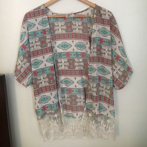 Mauve Aztec Print Kimono With Lace Trim
