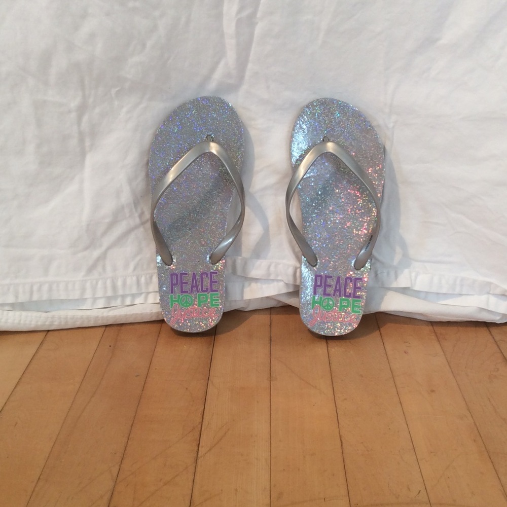 "Peace Hope Justice" Holographic flip flops