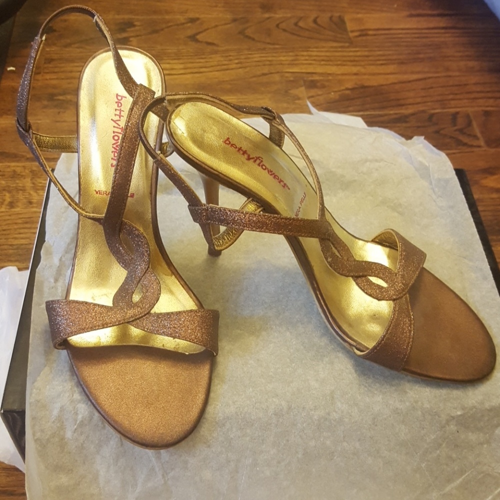 Betty Flowers Real Leather Vera Pelle Bronze Glitter Strappy Heels