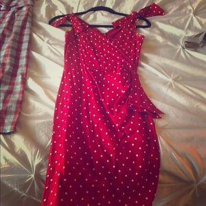 Stop staring red polka dot pencil dress