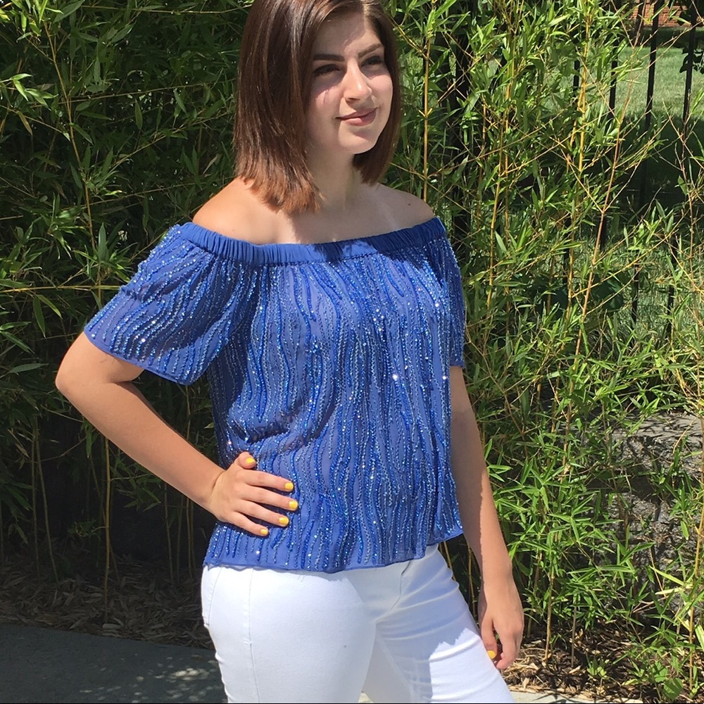 Beautiful blue beaded off shoulder