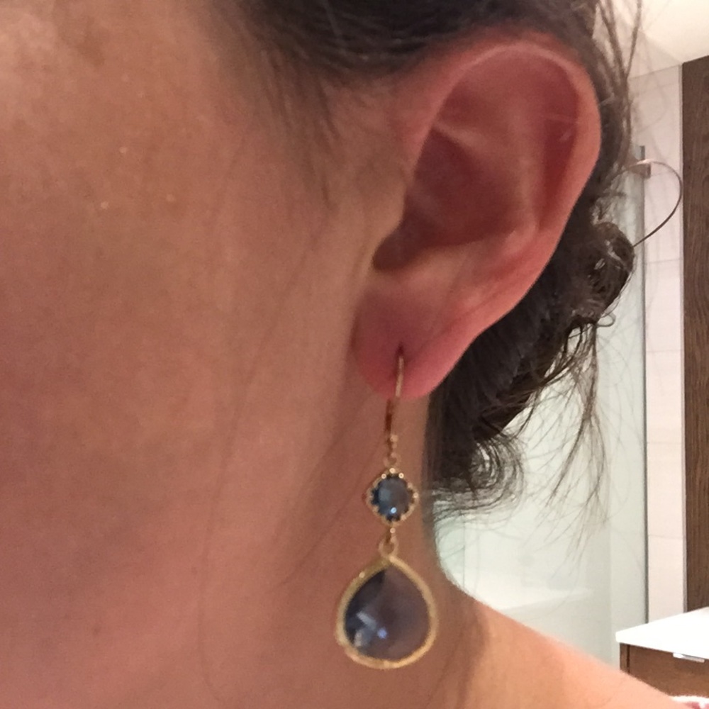 Blue crystal and gold dangle earrings