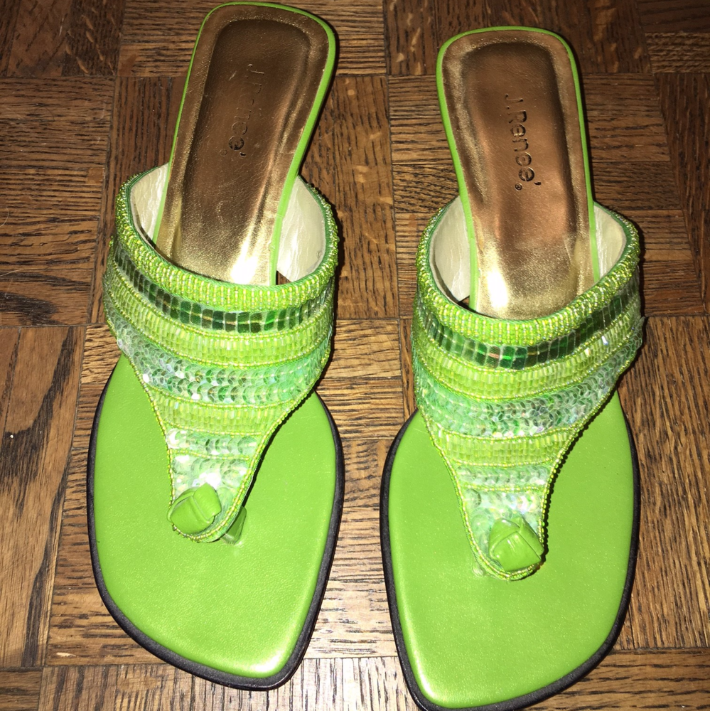 J Reneé Sandals Green beaded kitten low heel René