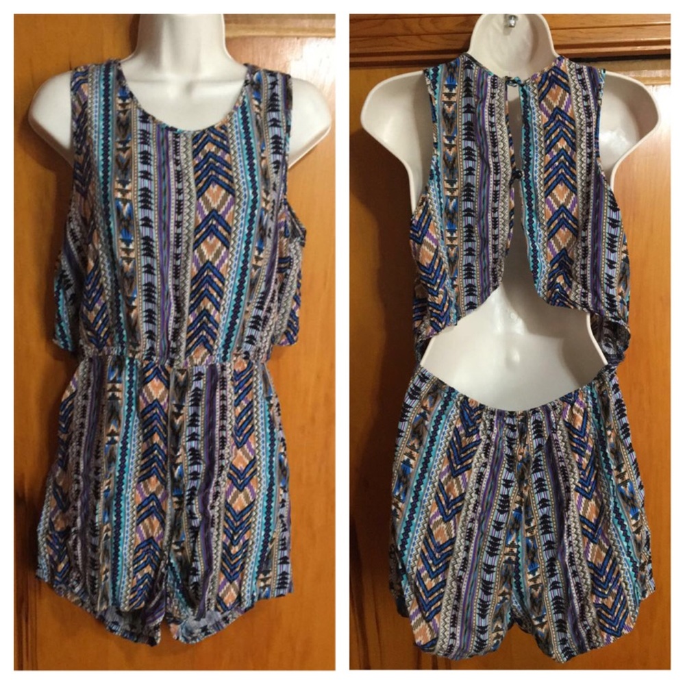 Blue tribal open back romper