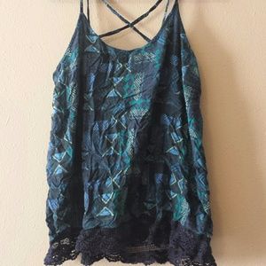 XXL Tribal Printed Strappy Tank w/ Crocheted Hem