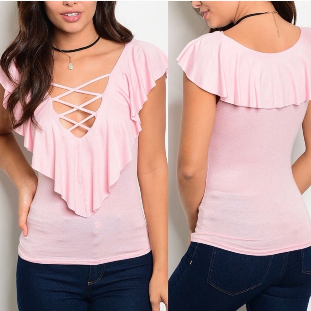 Light Rose ruffle front v neck top - Picture 1 of 2