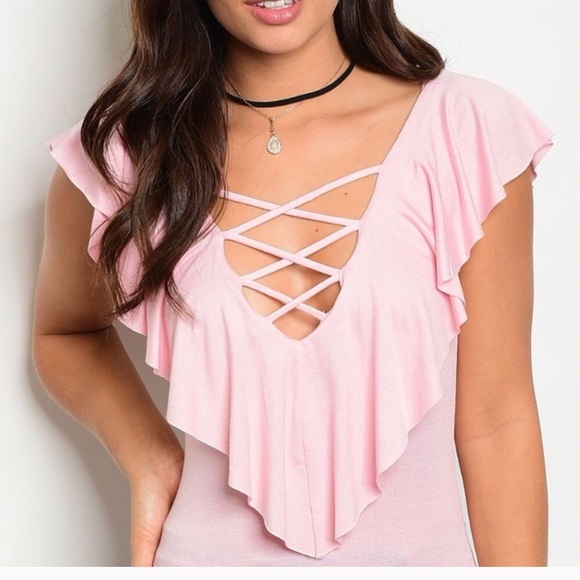 Light Rose ruffle front v neck top - Picture 2 of 2