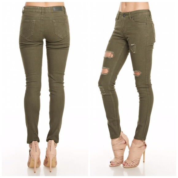 LAST PAIR! Olive Stretch Destroyed Skinny Jeans - Picture 2 of 3