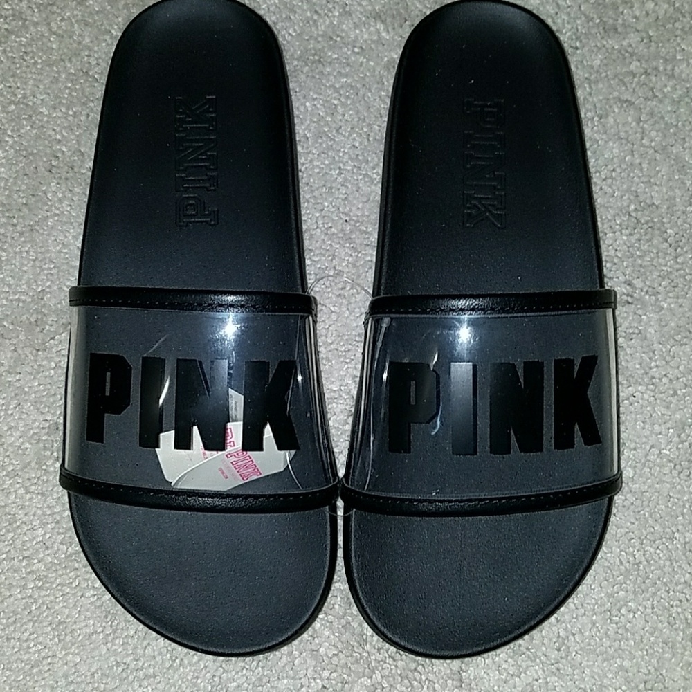 *NEW* Clear & Black VS Pink Slides Sz L. 9-10