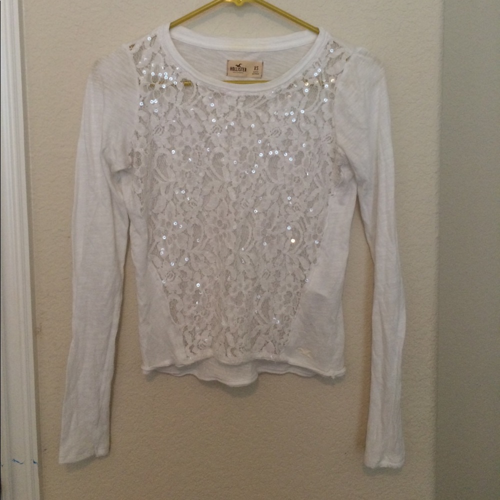 Hollister White Lace Sequin Like Long Sleeve Top