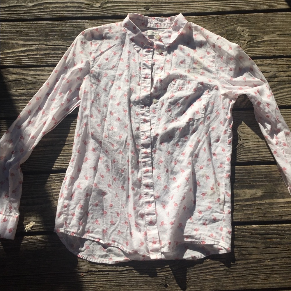 Madewell white and pink flamingo button down