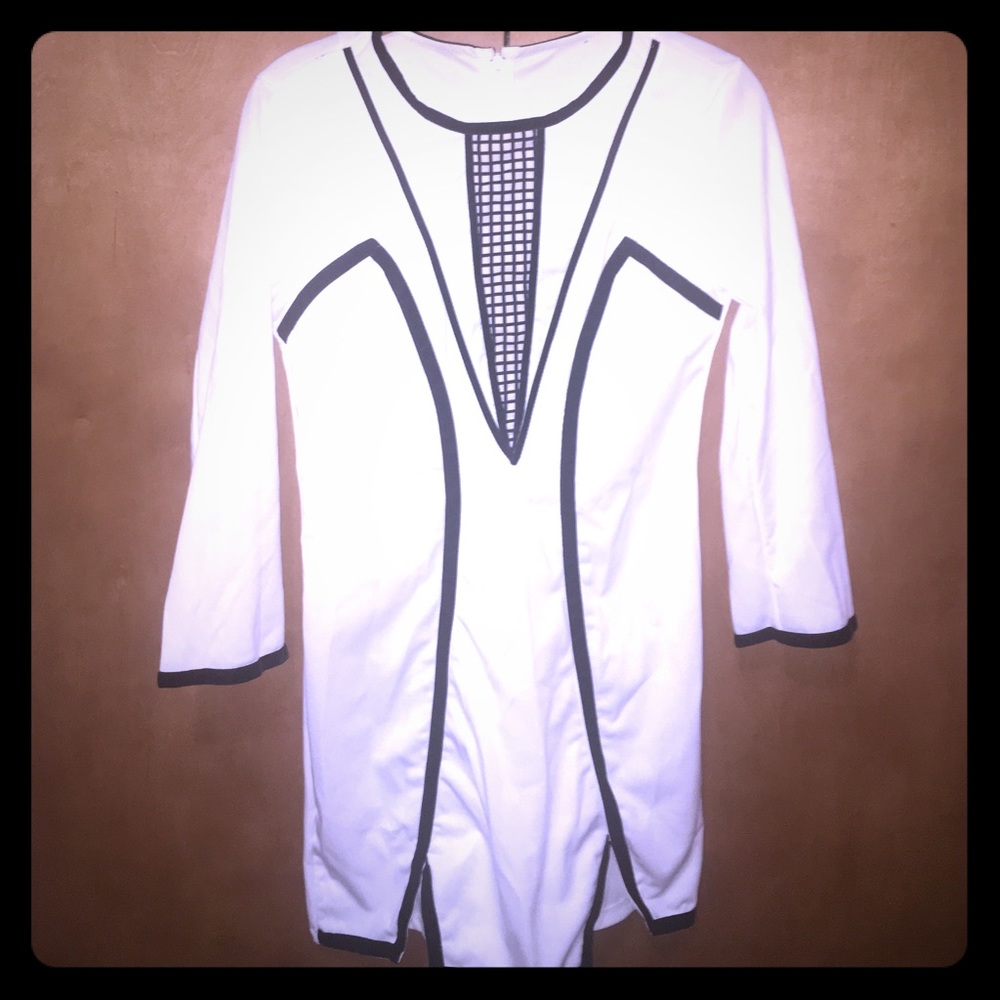 New White and Black Mini Dress with Sleeves