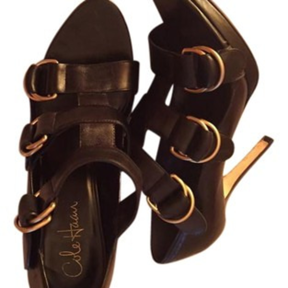 Cole Haan Black Leather Heels with Brass Buckels