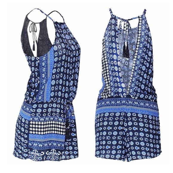 Keyhole Back Mock Halter Floral Pattern Romper - Picture 2 of 4