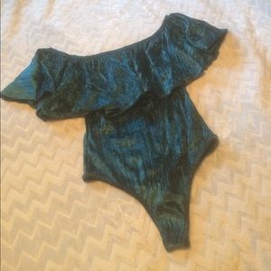 Fashion Nova blue velvet off the shoulder bodysuit