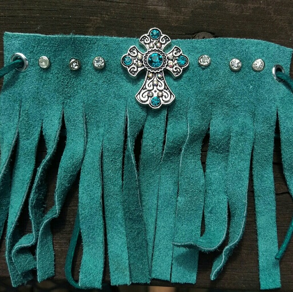 Genuine turquoise leather fringe bracelet - Picture 4 of 4
