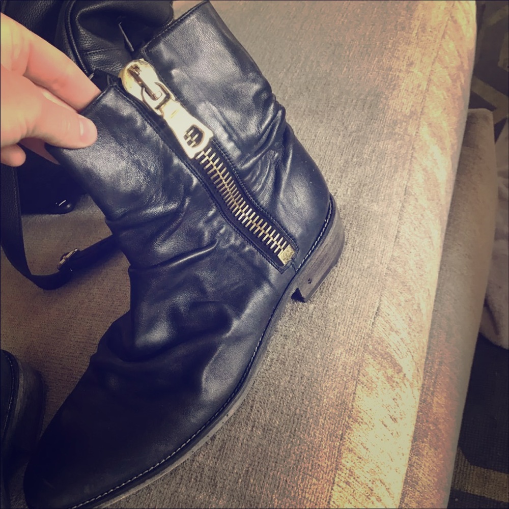 John Varvatos leather black boots with gold zipper