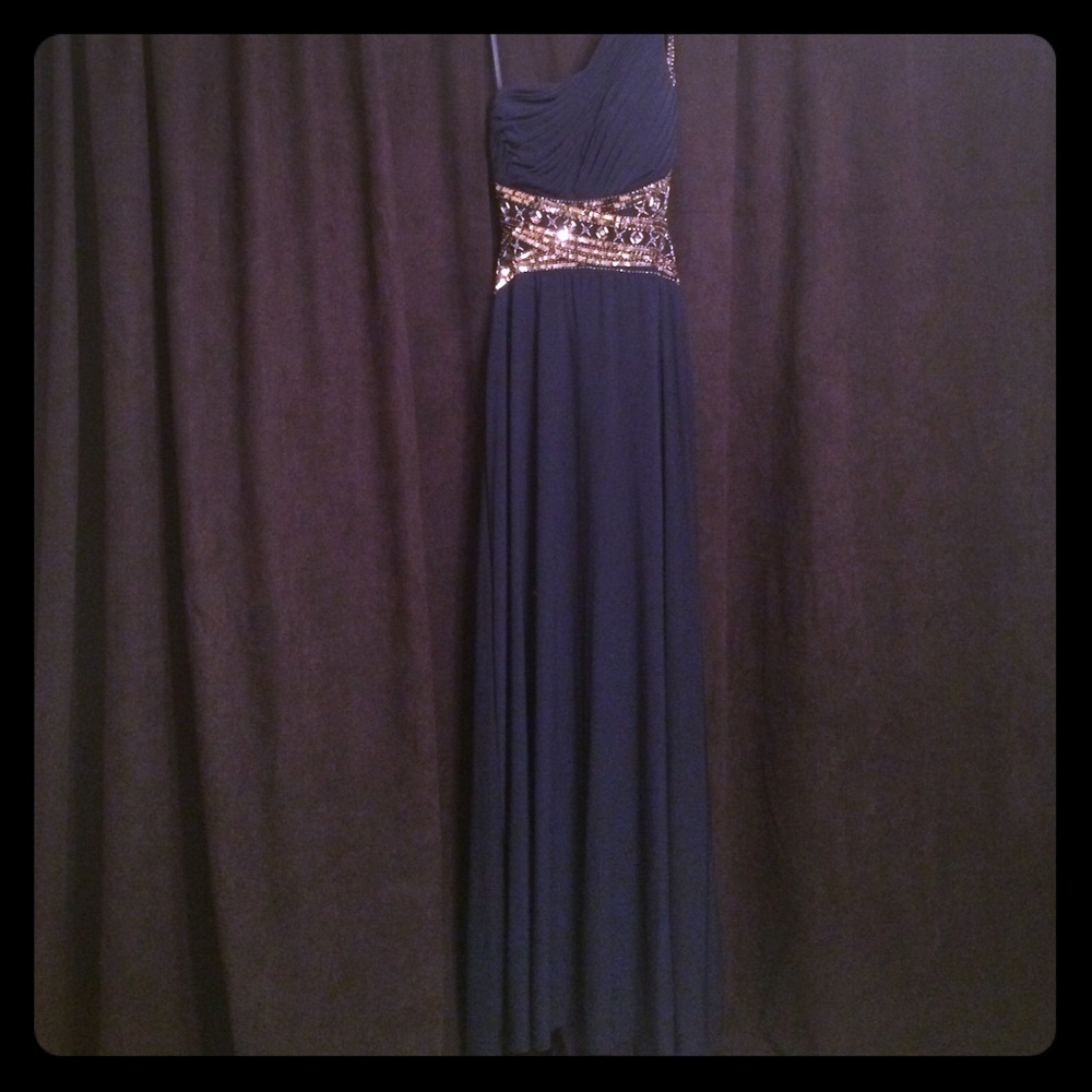 Long black and gold sequin prom dress