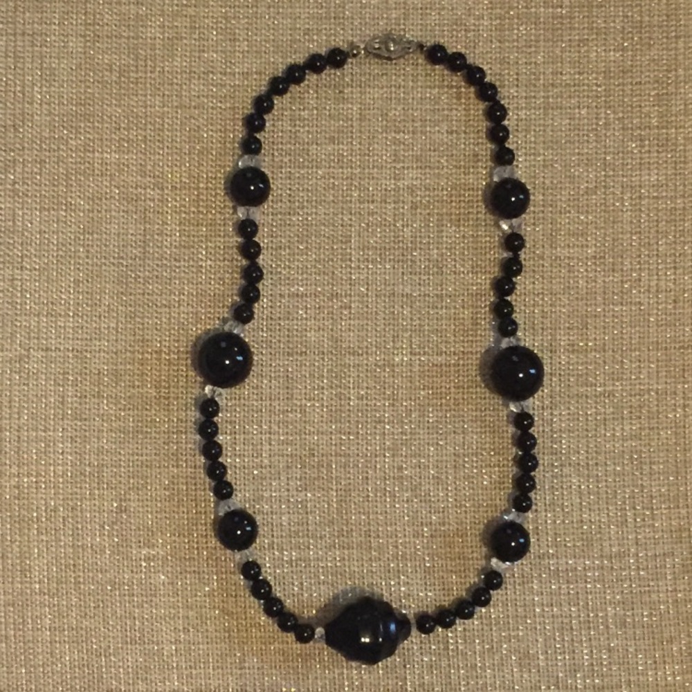 Black and crystal beaded vintage necklace