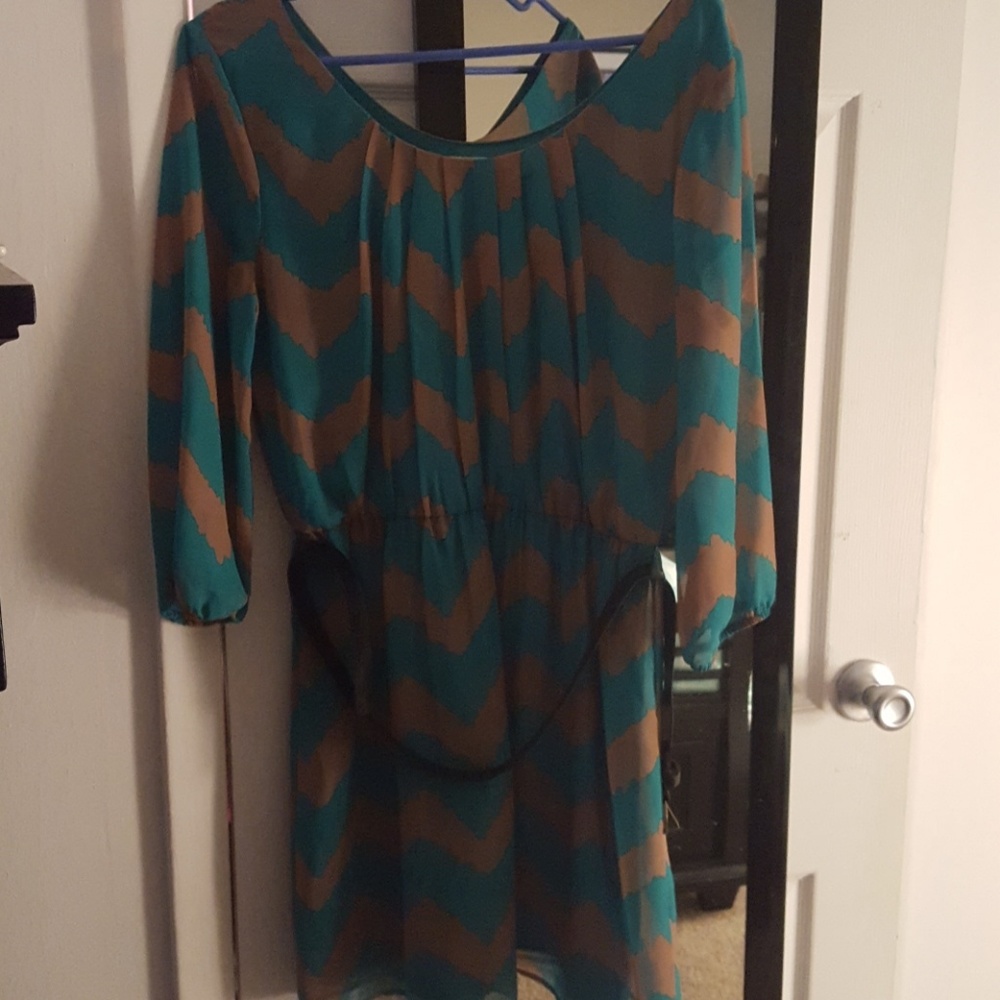 Turquoise and brown belted dress