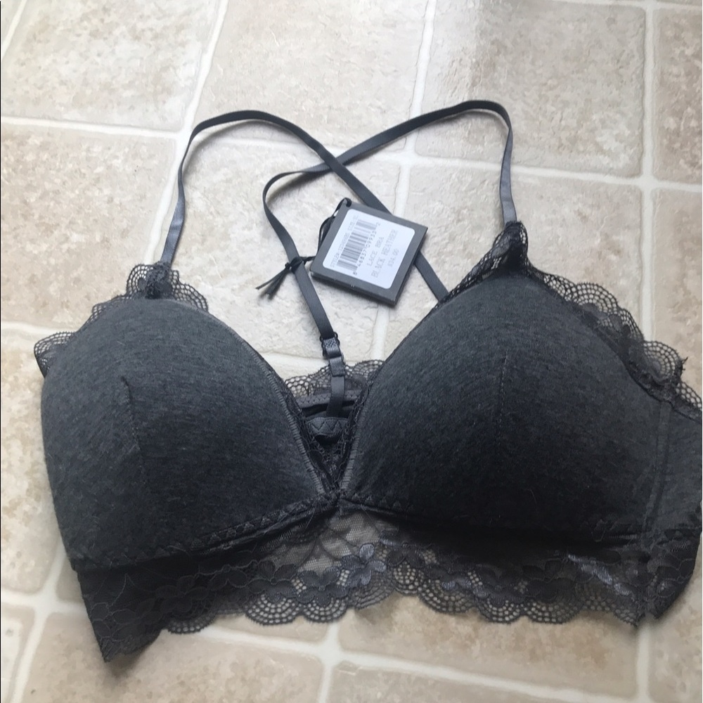 Dark charcoal colored strappy lace bralette