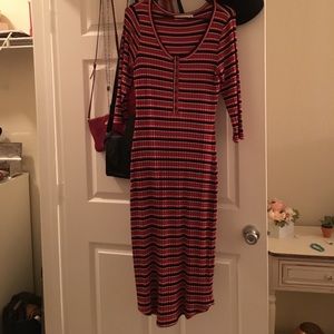 Midlength Henley dress red blue and white striped