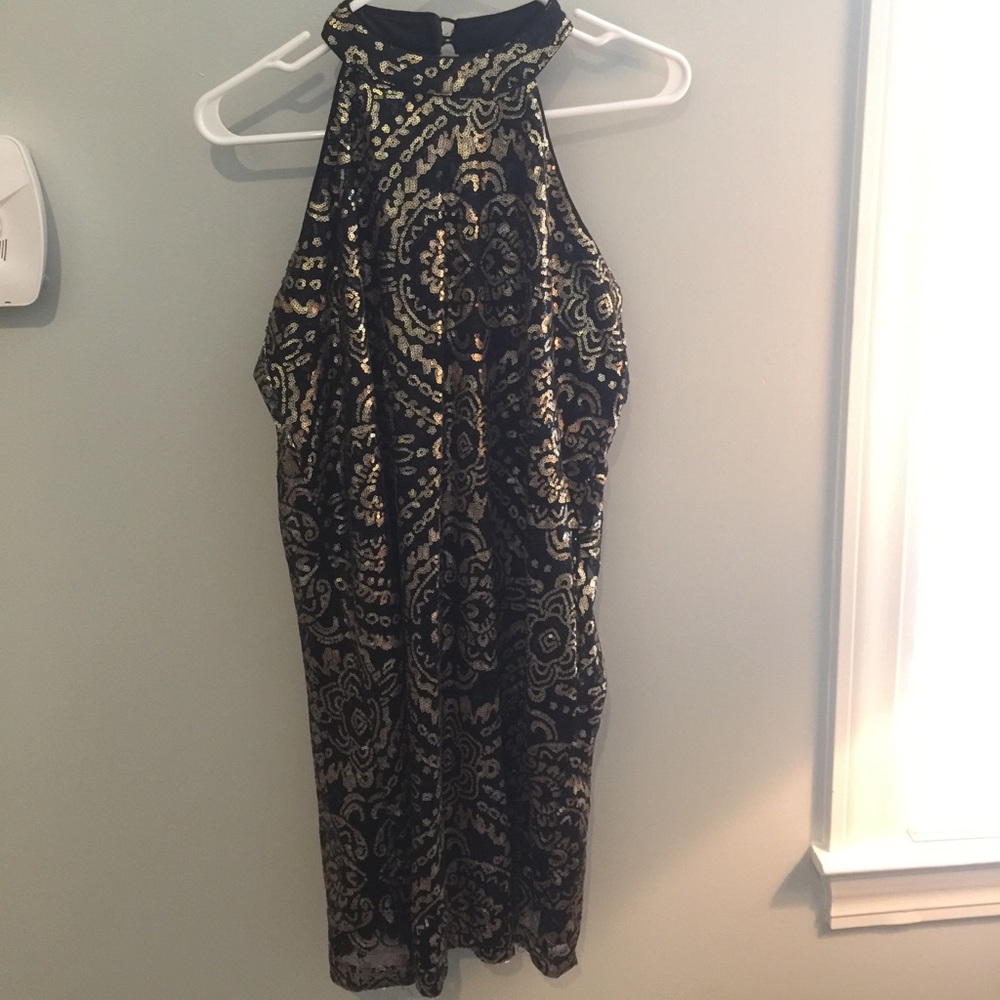 NWT Black and Gold Sequin Halter Shift Dress