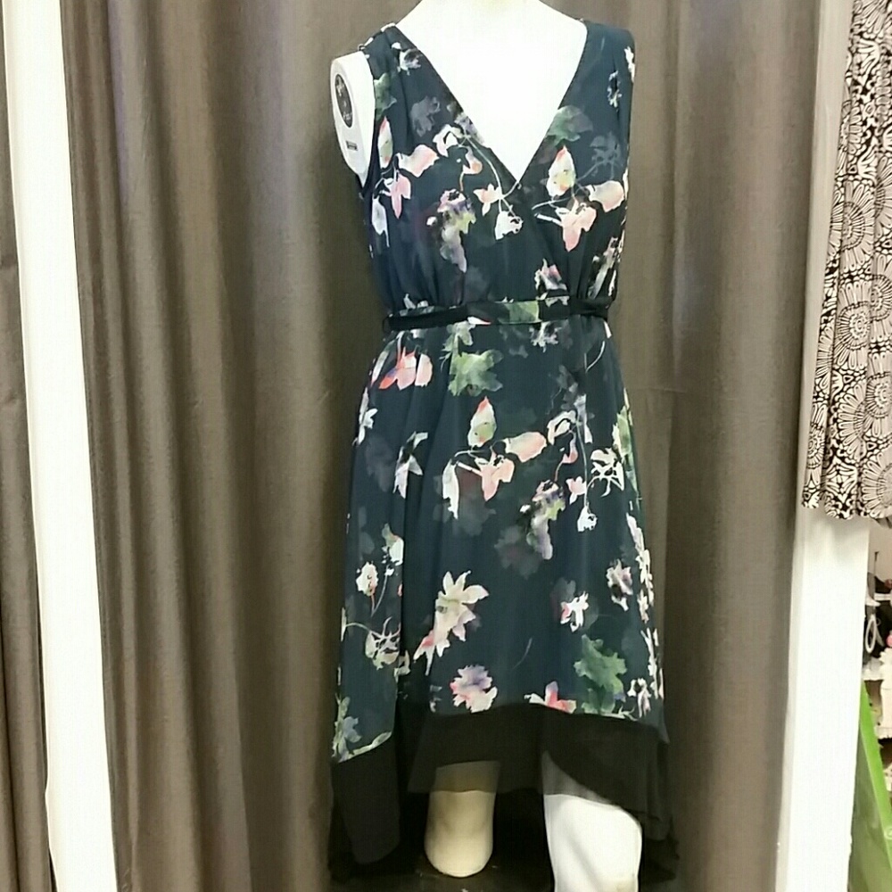 Navy floral chiffon dress.