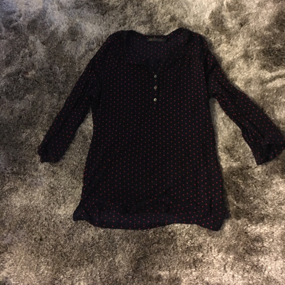 Navy and red polka dot blouse