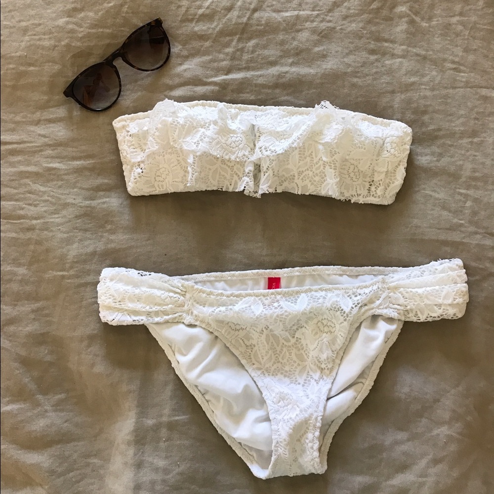VS White Lace Ruffle Bandeau Bikini Top