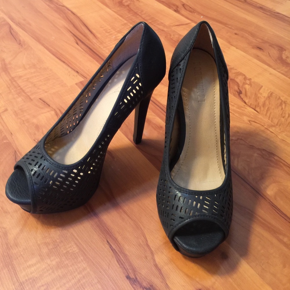 Black leather lasercut open toe heels