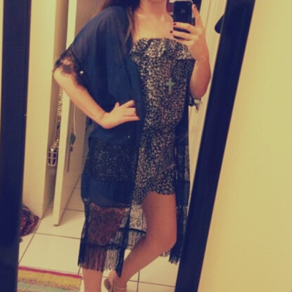 HANDMADE Boho Navy Chiffon & Lace Kimono w/ Fringe