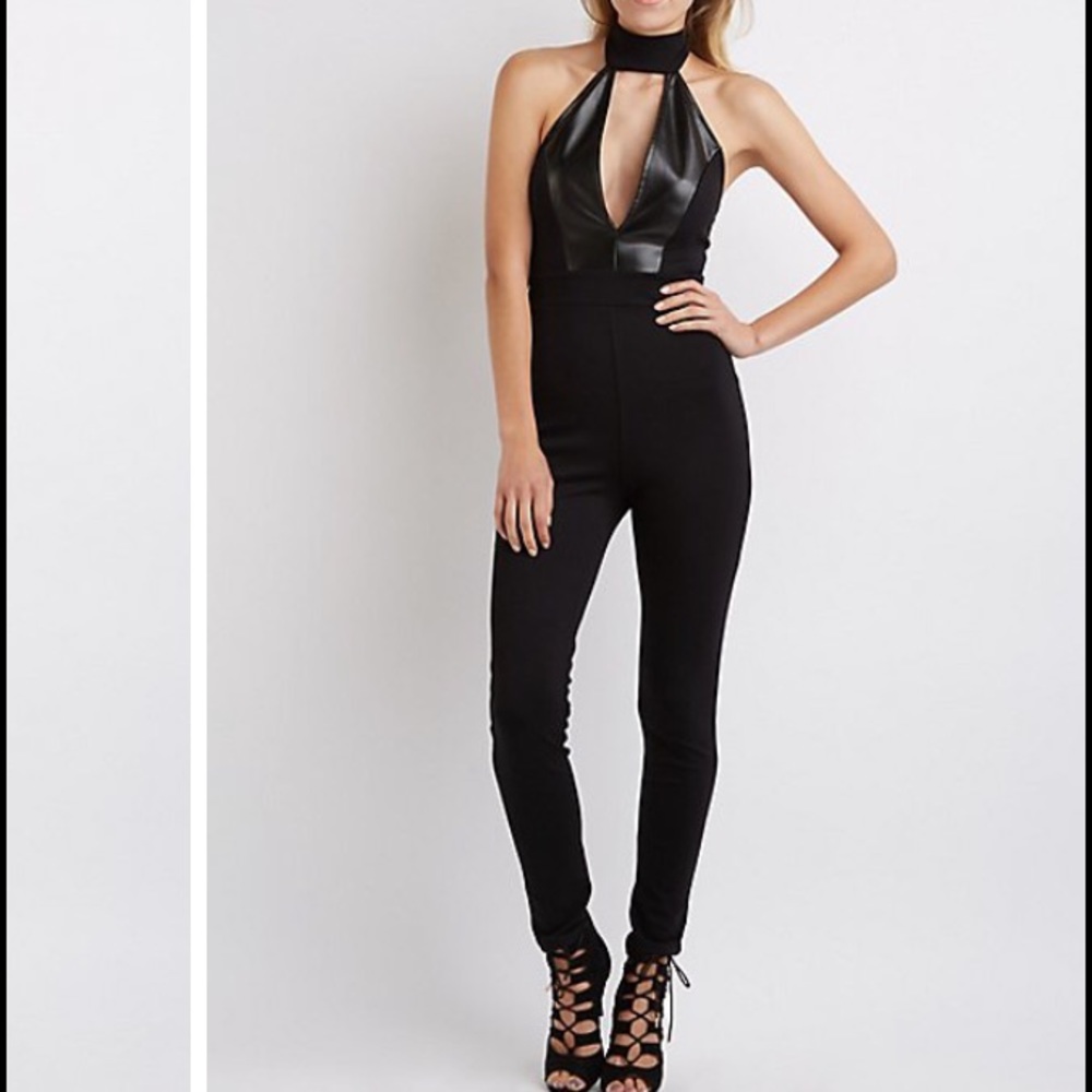 Charlotte Russe Mock Neck Leather-Trim Jumpsuit