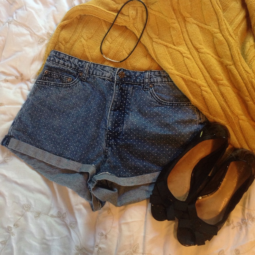 Washed denim polkadot shorts