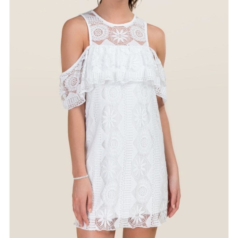 white lace cold shoulder dress