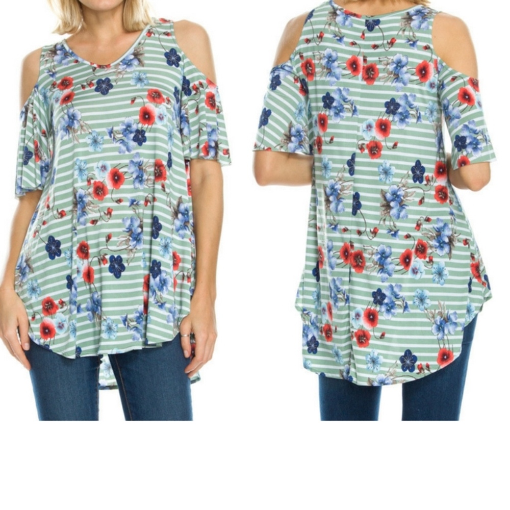 Cold Shoulder-Sage, Floral Print & Striped Tunic