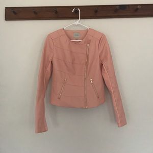 Pink leather jacket.
