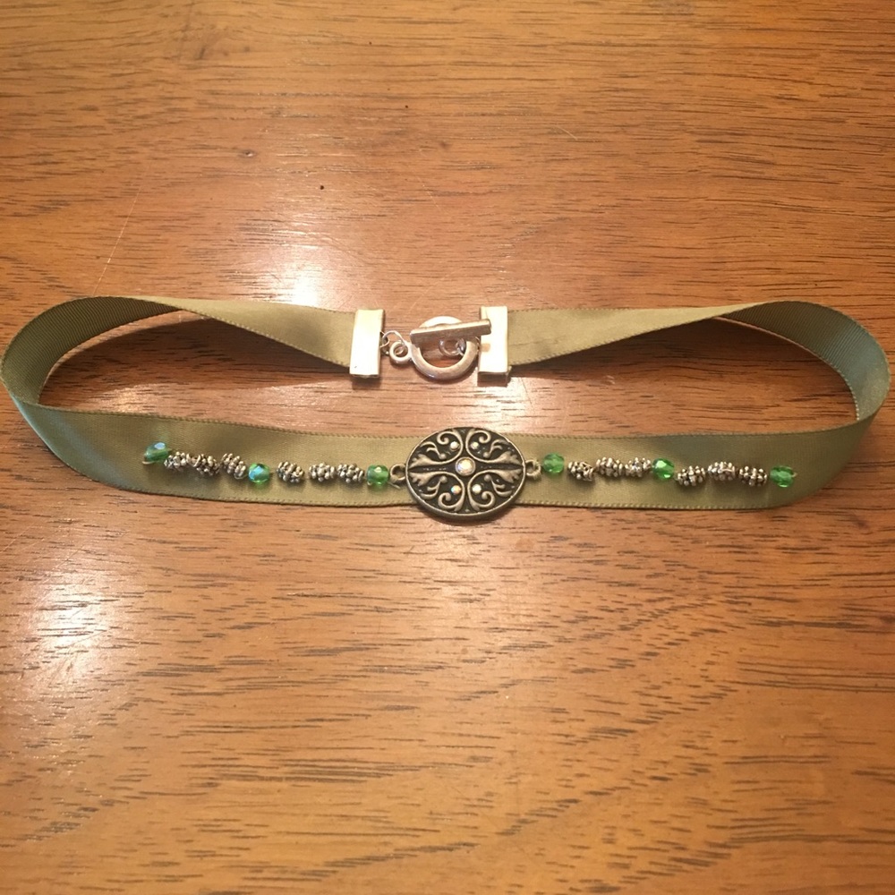Handmade ribbon choker with jewel accents. Toggle