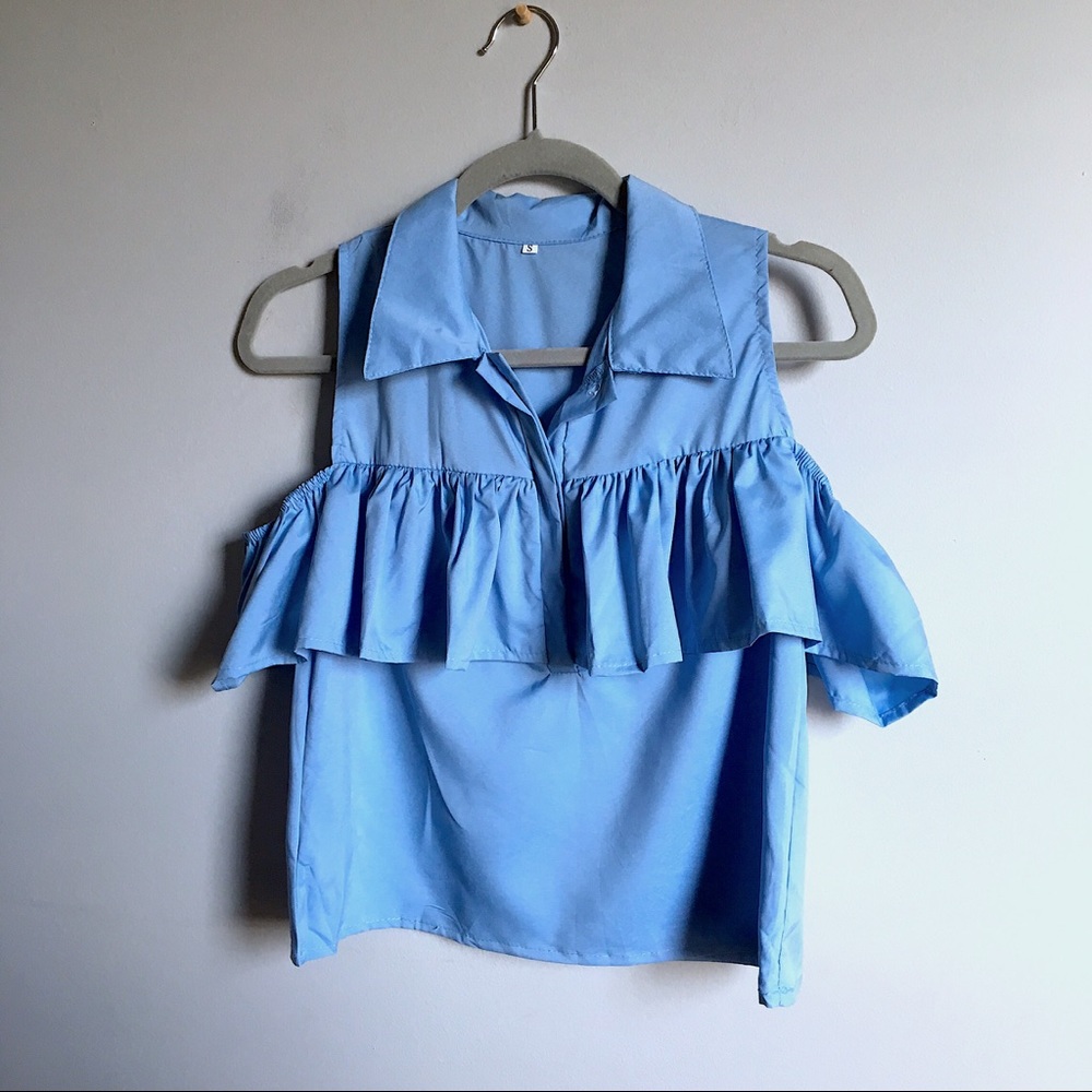 NEW Blue cold shoulder ruffle top - Picture 2 of 3