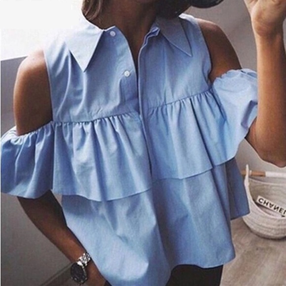 Tops - NEW Blue cold shoulder ruffle top