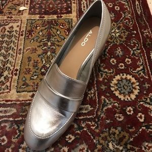 Chunky Heel Silver Leather Loafer.