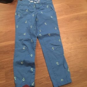 Blue capris with green anchors