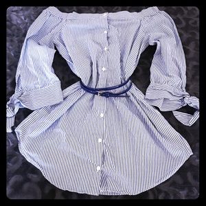 Off the shoulder blue & white pinstriped top