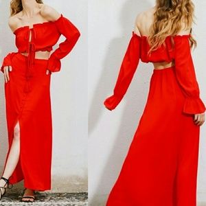 Red 2 Piece Outfit. Skirt & Crop Top Set