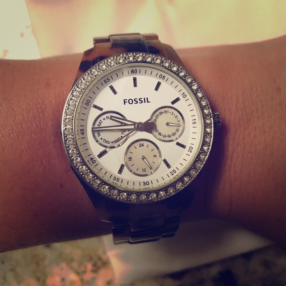 Tortoise Shell Fossil Watch with jeweled face