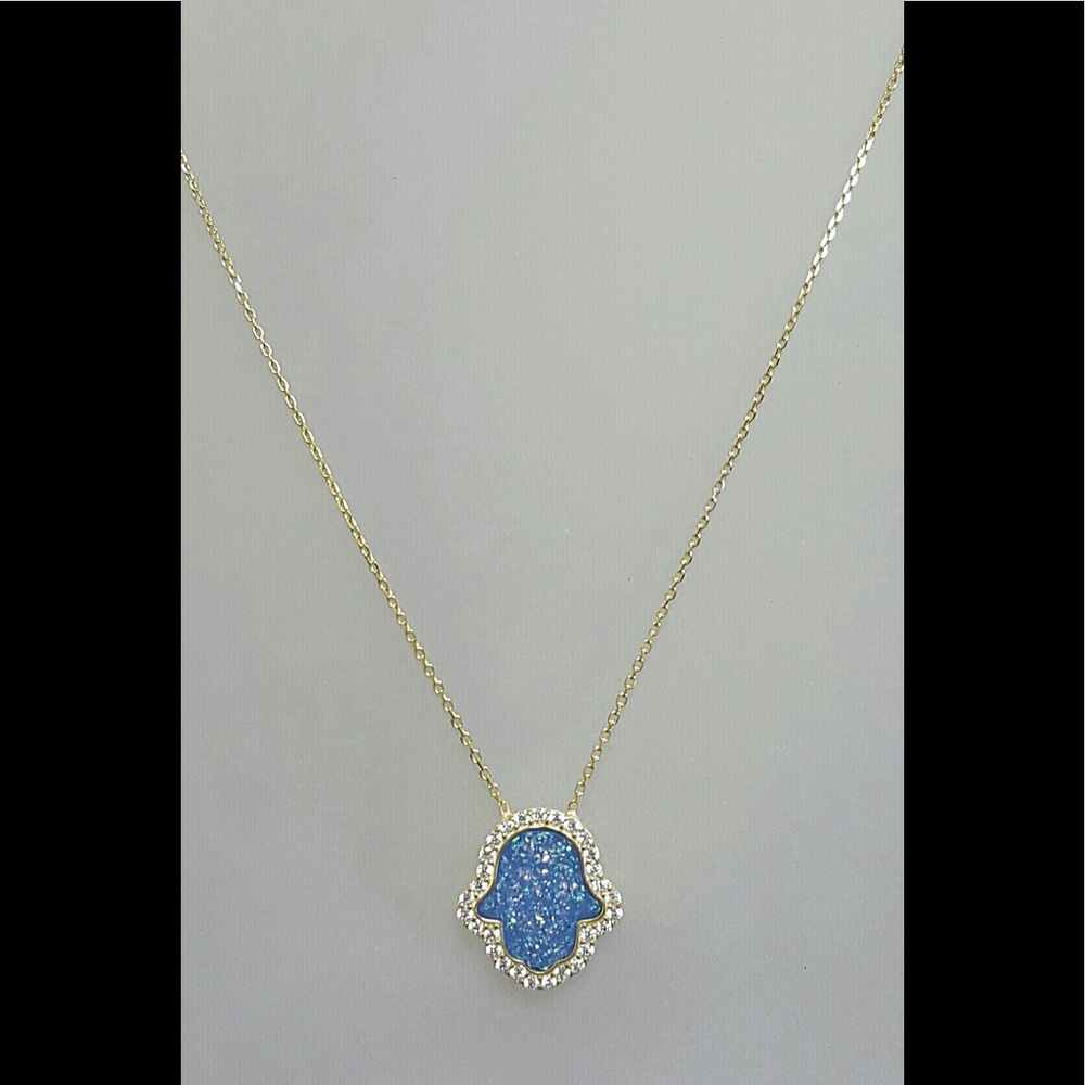 Yellow Gold Blue Opal Hamsa Necklace